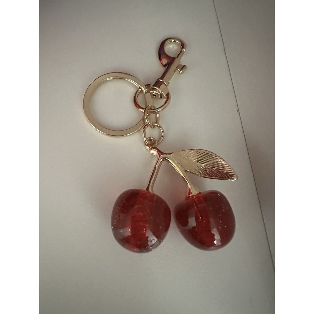 Red Cherry Bag Charm Keychain Resin Metal Brass Purse Decoration